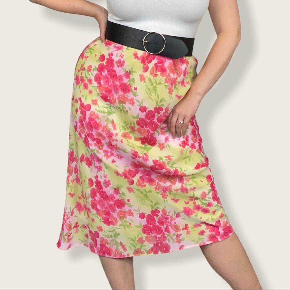 Vintage SL Fashions Petites Size 12 Pastel Pink/Yellow Floral Print Midi Skirt